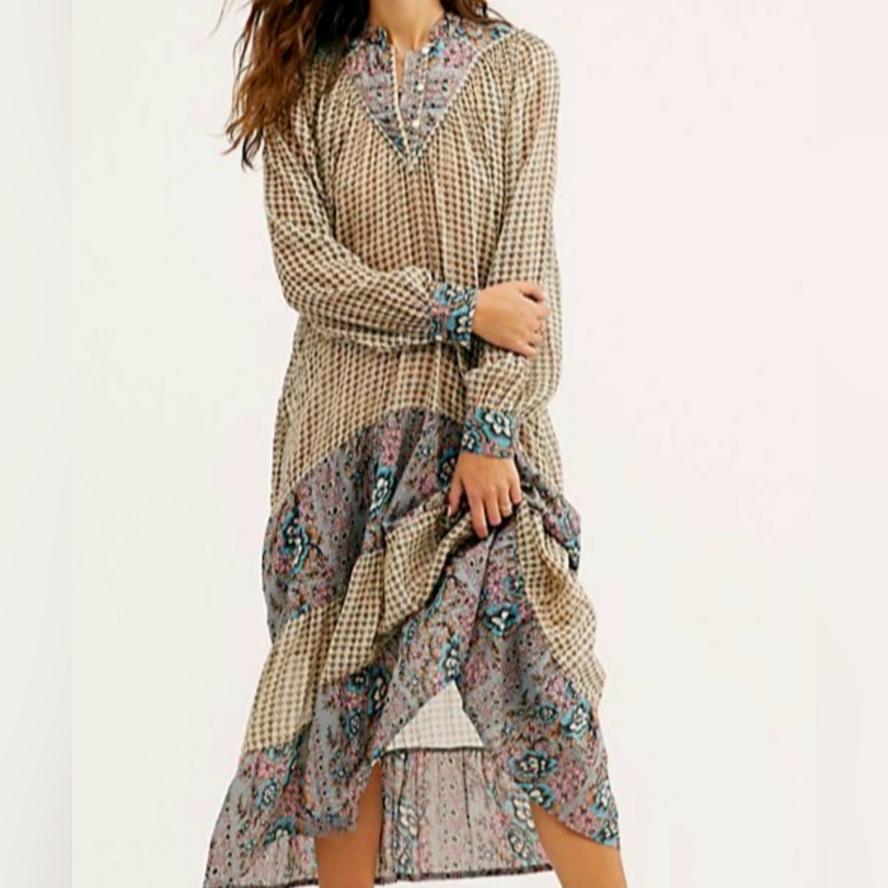 Free People x Antik Batik Beige Floral Tiered Maxi Dress